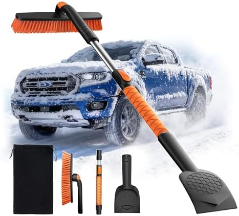 45" Extendable Snow Brush and Ice Scrapers for Car Windshield [360° Rotating Snow Brush Head] Military-Grade Sturdy Ice Scraper for Sedans, SUVs and Trucks Easy Storage Orange