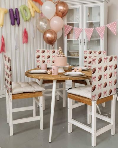 Football Pink Bow Chair Back Covers Set of 6 Vintage Style Watercolor Linen Texture Washable Removable Chair Cover Slipcover Protector for Dining Room Hotel Party Holiday Decor