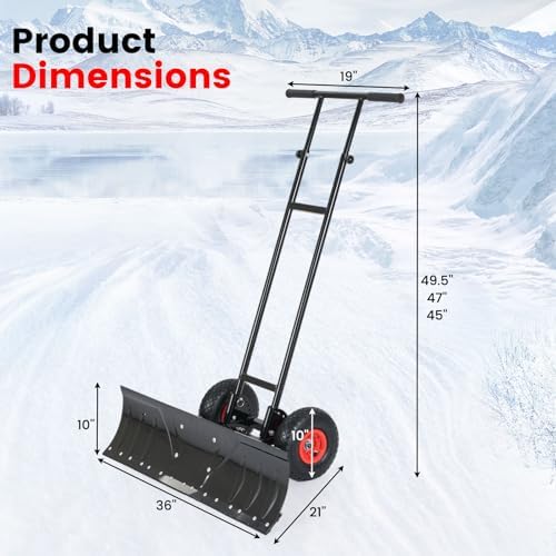Goplus 36” Wide Snow Pusher, Heavy-Duty Metal Snow Shovel with Wheels