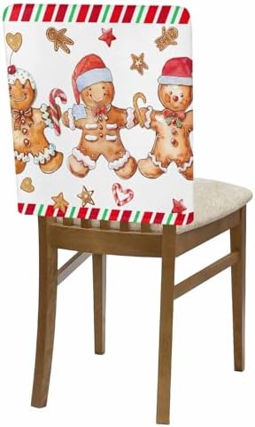 Christmas Gingerbread Man Chair Back Covers Set of 4 Xmas Stars Candy Sugar Watercolor Vintage Washable Removable Chair Cover Slipcover Protector for Dining Room Hotel Party Holiday Decor