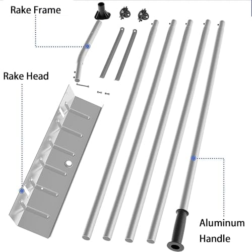 Aluminum Snow Roof Rake, Roof Snow Removal Tool, with 5 Section Adjustable Telescoping Pole, Soft Grip Handle, Lightweight Durable, for Roof, Patio, and Yard Removal