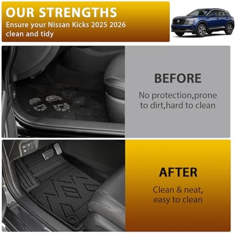Powerty Floor Mats for Nissan Kicks 2025 2026 All Weather 3D TPE Anti-Slip Car Liners for 1st & 2nd Row Accessories