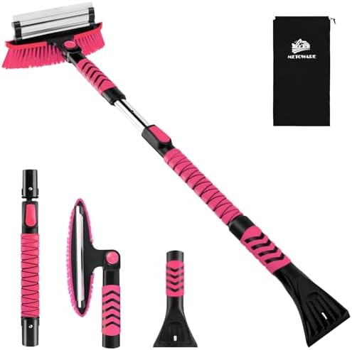 METOWARE 44" Ice Scraper and Snow Brush for Car Windshield, Extendable Heavy Duty Ice Remover with 360° Pivoting Head for SUV Truck, Ergonomic Grip, Pink
