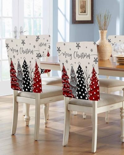 Merry Christmas Chair Back Covers Set of 8 Cartoon Xmas Tree Snowflake Plaid Red Dot Linen Washable Removable Chair Cover Slipcover Protector for Dining Room Hotel Party Holiday Decor