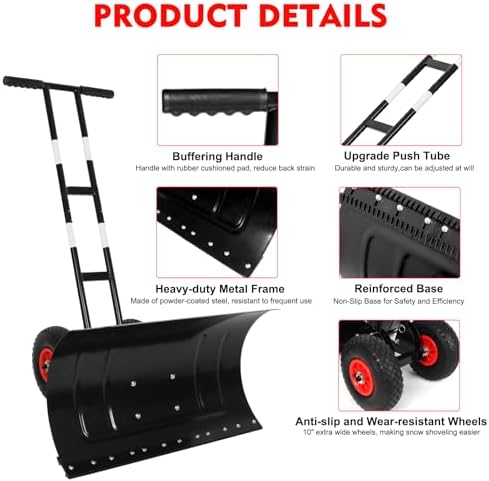 Snow Shovel with Wheels, 29" W Snow Pusher Shovel for Driveway, Sidewalk, Yard, Adjustable Angle & Height, High Blade Design, Black