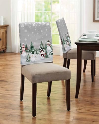 Christmas Snowman Chair Back Covers Set of 8 Xmas Tree Snowflakes Forest Grey Gradient Bottom Washable Removable Chair Cover Slipcover Protector for Dining Room Hotel Party Holiday Decor