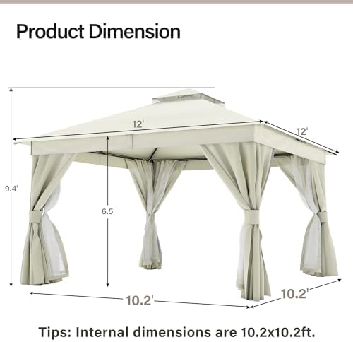 LAUSAINT HOME 12x12 Gazebo with Lights, Netting, Curtains & Double Roof