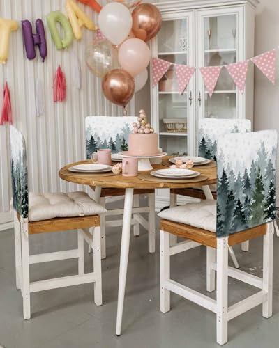 Misty Foggy Trees Chair Back Covers Set of 8 Winter Forest Christmas Snowflake Dark Green Washable Removable Chair Cover Slipcover Protector for Dining Room Hotel Party Holiday Decor