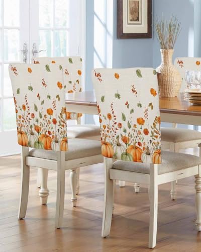 Thanksgiving Orange Pumpkin Chair Back Covers Set of 8 Wildflowers Leaves Watercolor Linen Texture Washable Removable Chair Cover Slipcover Protector for Dining Room Hotel Party Holiday Decor