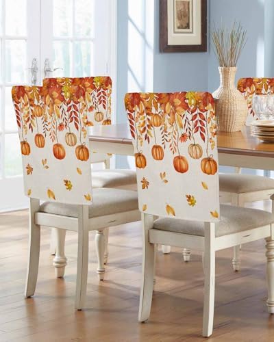 Thanksgiving Orange Pumpkin Chair Back Covers Set of 8 Fall Maple Leaves Floral Linen Texture Washable Removable Chair Cover Slipcover Protector for Dining Room Hotel Party Holiday Decor