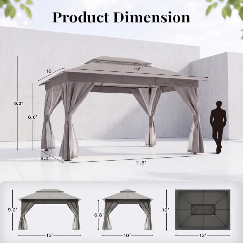 LAUSAINT HOME 10x13 Gazebo with Lights, Netting, Curtains & Double Roof