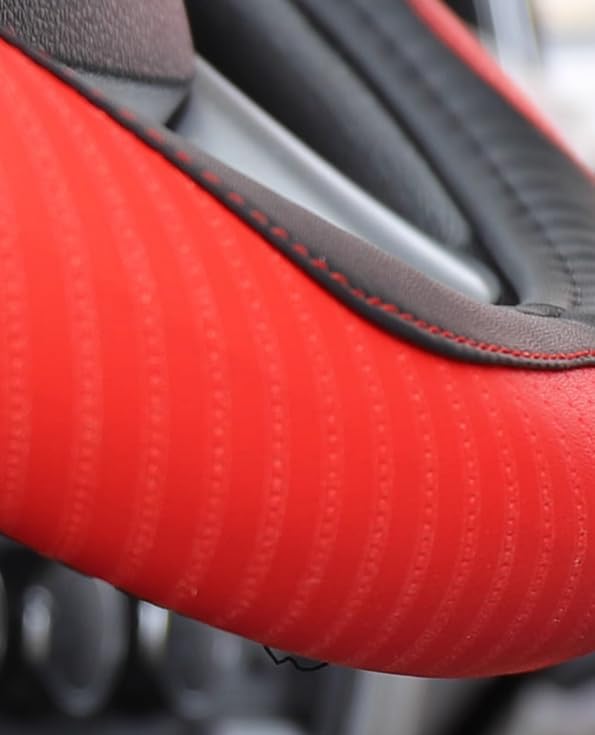 17 Inch Semi Truck Steering Wheel Cover - Carbon Fiber Pattern & Faux Leather, Anti-Slip Grip, Breathable Comfort for Long-Haul Drivers - Black Red