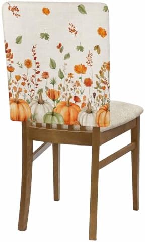 Thanksgiving Orange Pumpkin Chair Back Covers Set of 4 Wildflowers Leaves Watercolor Linen Texture Washable Removable Chair Cover Slipcover Protector for Dining Room Hotel Party Holiday Decor