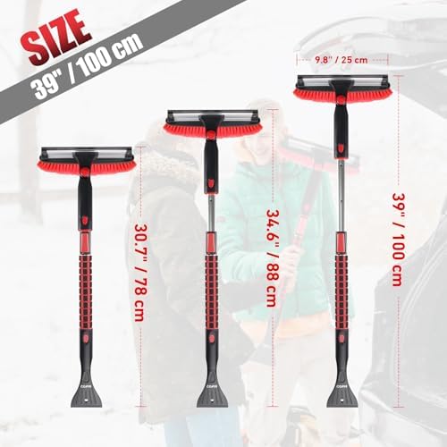COFIT 39" Car Snow Brush with Ice Scraper and Squeegee 3 in 1, Extendable Cleaning Kit Long Handle, Windshield Snow Removal Tool Scratch Free for SUV Truck RV Window Roof Exterior Wash Supplies, Red