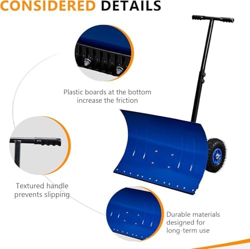 TUFFIOM Snow Pusher Shovel for Driveway with Wheels, 29"/39" Wide Heavy Duty Push Snow Plow Shovel, Wheeled Rolling Snow Shovels for Removal Adjustable Angle & Height Handle (Klein Blue(29 inch))