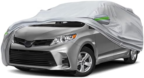 6-Layer Full Car Cover is All-Weather Waterproof, Universal in All Seasons, Snow Prevention Rainproof, Acid Rainproof, Sunscreen, Ultraviolet-Proof, Fit MPV 199"-210" Green Reflective Strip