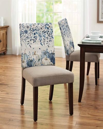 Blue Pumpkin Chair Back Covers Set of 6 Thanksgiving Fall Eucalyptus Leaf Floral Linen Washable Removable Chair Cover Slipcover Protector for Dining Room Hotel Party Holiday Decor