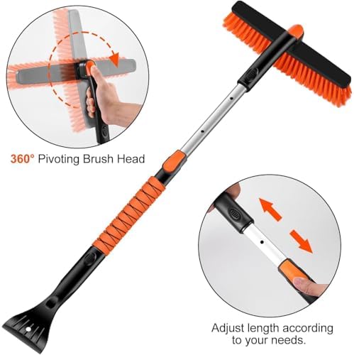 34'' to 41'' Extendable Snow Brush, Ice Scraper for Car Windshield, Emergency Snow Shovel Snow Broom with Foam Grip 180° Pivoting Brush Head, Telescoping Snow Scraper for Car SUV Truck