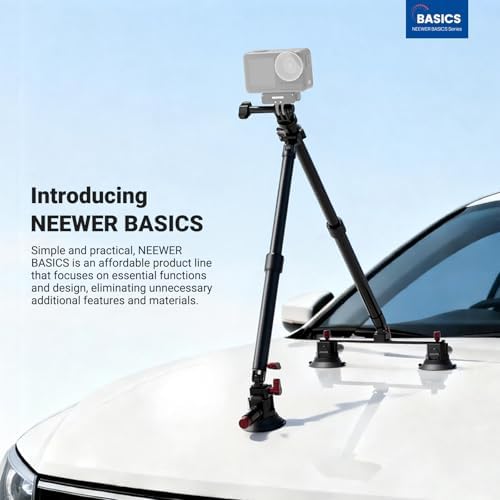NEEWER Triple Suction Cup Car Mount Kit, Two 24" Aluminum Alloy Extension Poles, NATO Rail, Action Camera Adapter Compatible with GoPro DJI Insta 360, Max Load 2.2 lb, CA166