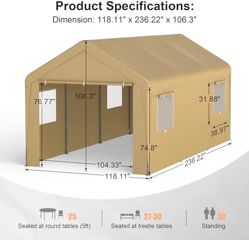 10x20 Carport with Roll-up Windows,Portable Garage Canopy for Truck Boat