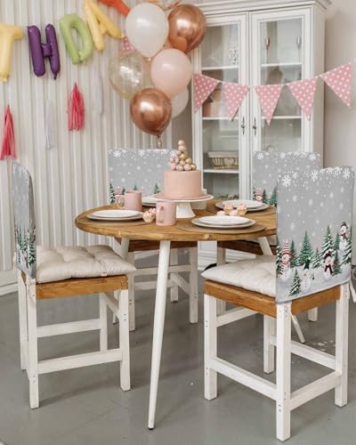 Christmas Snowman Chair Back Covers Set of 8 Xmas Tree Snowflakes Forest Grey Gradient Bottom Washable Removable Chair Cover Slipcover Protector for Dining Room Hotel Party Holiday Decor