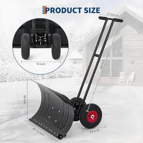 Garvee Large 30in W Heavy Duty Snow Shovel with Ergonomic Handle for Driveway, Push Snow Plow Shovel with Adjustable Handle, Angled Blade and Wheels, Snow Removal for Driveway, Courtyard