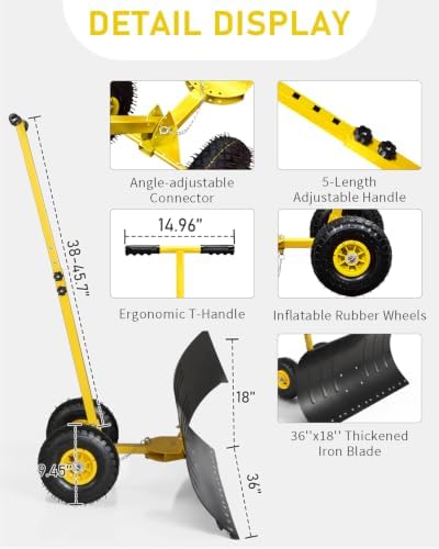 Outvita Snow Shovel with Wheels, 36" Wide 18" Long, Black & Yellow