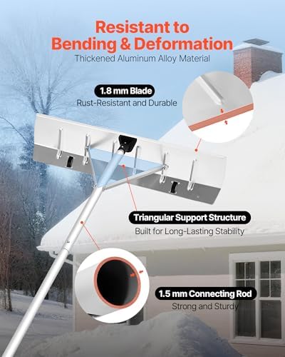 VEVOR Snow Roof Rake, 26 in Aluminum Blade, 7.5-20 ft Adjustable Roof Snow Scraper with Wheels, Anti-Slip Handle Snow Removal Tool, Lightweight House Rooftop Rake for Leaves Debris Removal