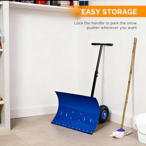 TUFFIOM Snow Pusher Shovel for Driveway with Wheels, 29"/39" Wide Heavy Duty Push Snow Plow Shovel, Wheeled Rolling Snow Shovels for Removal Adjustable Angle & Height Handle (Klein Blue(29 inch))