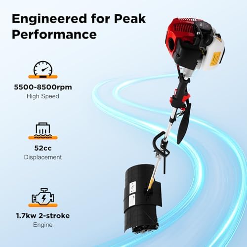 52cc Gas Powered Leaf Blower & Power Sweeper for Yard Lawn Cleaning, 2-Stroke 2.3HP Handheld Backpack Blower Sweeper with 20-Inch Wide Brush, Snow Blower for Driveway Sidewalk Garden Debris Removal