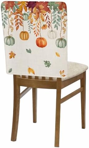 Thanksgiving Pumpkin Chair Back Covers Set of 8 Orange Green White Maple Leaves Vintage Linen Texture Washable Removable Chair Cover Slipcover Protector for Dining Room Hotel Party Holiday Decor