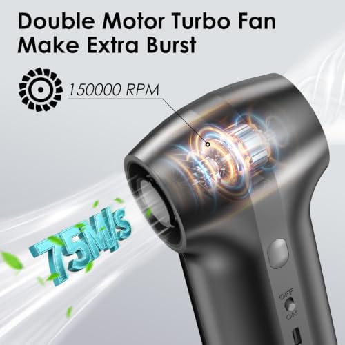 Compressed Air Duster & Car Vacuum 2-in-1, Portable 150000RPM Turbo Fan,3 Blower Speeds & 2 Suction Modes（16KPA） Type-C Rechargeable Dust Buster for Keyboard, PC, Desk, Home Office