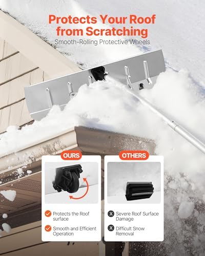 VEVOR Snow Roof Rake, 26 in Aluminum Blade, 7.5-20 ft Adjustable Roof Snow Scraper with Wheels, Anti-Slip Handle Snow Removal Tool, Lightweight House Rooftop Rake for Leaves Debris Removal