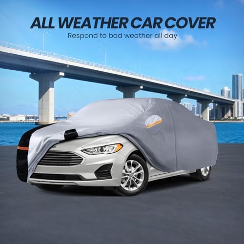 Multi-Layer Car Cover Custom Fit for Ford Fusion(205-2026), 100% Waterproof All Weather for Automobiles, Gift with Towel, Heavy Duty Car Covers for Rain Sun UV Protection with Door Zipper