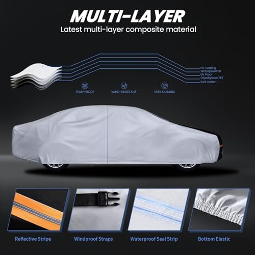 Multi-Layer Car Cover Custom Fit for Pontiac Firebird(1992-2002), 100% Waterproof All Weather for Automobiles, Gift with Towel, Heavy Duty Car Covers for Rain Sun UV Protection with Door Zipper