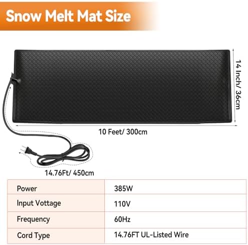 JOJOCY Outdoor Heated Snow Melting Mats, 110V Non-Slip Electric Ice Melting Mats for Driveways, Walkways, Stairs & Sidewalks Weatherproof PVC Heated Mats with 15ft Power Cord (36×300cm(14"×9.8ft))