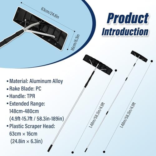 Roof Snow Removal Tool with Twist Lock Telescoping Pole, 4.9–15.7 Ft Extendable Roof Snow Rake, Plastic Blade Snow Rake for Slanted Roof
