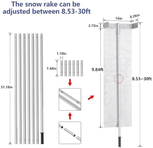 Hidalife Snow Roof Rake, 30ft Snow Removal Tool with Wheel and Adjustable Extended Long Handle for Cedar Shake, Metal, Tile Roofs