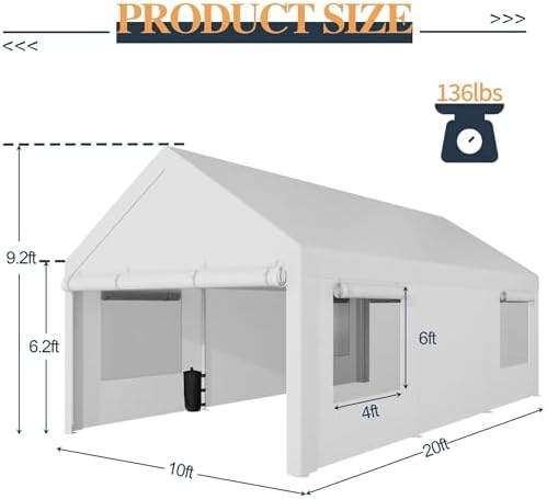 Shintenchi Portable Garage Canopy,10x20 FT Heavy-Duty Design Carport,Carport Canopy with Side-Opening Removable Door & Roll-Up Window,Portable Car Port for Car, Truck, Boat,White