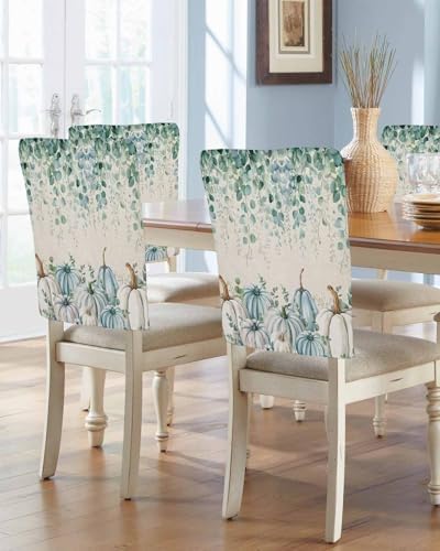 Fall Pumpkin Chair Back Covers Set of 8 Thanksgiving Sage Green Eucalyptus Leaves Watercolor Linen Texture Washable Removable Chair Cover Slipcover Protector for Dining Room Hotel Party Holiday Decor