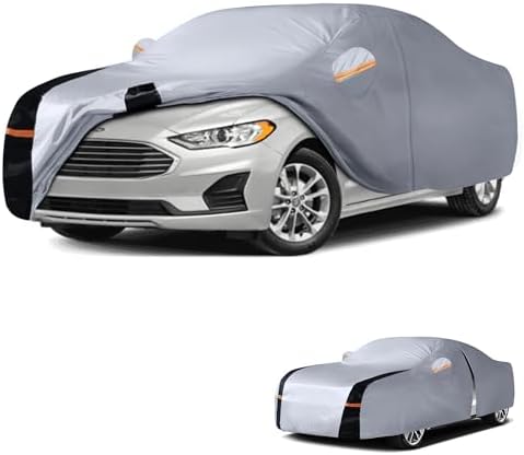 Multi-Layer Car Cover Custom Fit for Ford Fusion(205-2026), 100% Waterproof All Weather for Automobiles, Gift with Towel, Heavy Duty Car Covers for Rain Sun UV Protection with Door Zipper