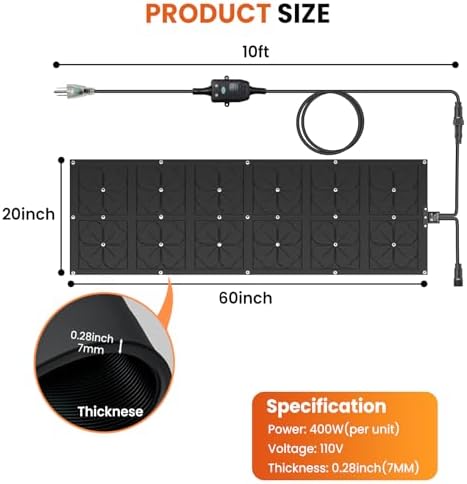 20x60in Heated Snow Melting Mats, 7mm Thickening No-Slip Rubber Snow Melting Mats Outdoor, Electric Snow and Ice Removal Mats for Winter Walkways, Decks, Sidewalks, Stairs, Steps, Doorways, Driveway