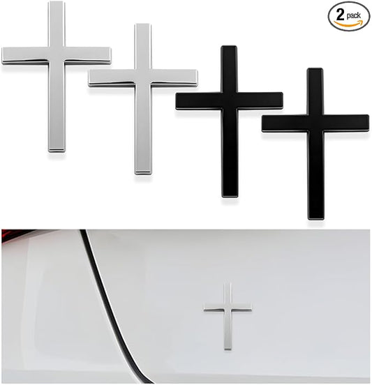 DXNQ 4PCS Metal Jesus Christ Cross Badge Stickers, 2.5"×1.8" Alloy 3D Individual Car Cross Sticker, Self Adhesive Scratch Covering Cross Emblem Decal for Car Body Fender Tail (Silver+Black)