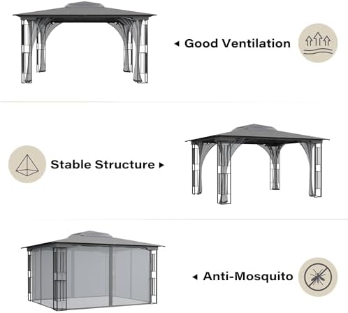 LAUSAINT HOME 13x11 Gazebo Canopy with Netting & Double Roof