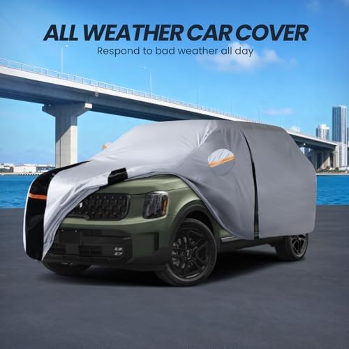 Multi-Layer Car Cover Custom Fit for Kia Telluride(2016-2026), 100% Waterproof All Weather for Automobiles, Gift with Towel, Heavy Duty Car Covers for Rain Sun UV Protection with Door Zipper