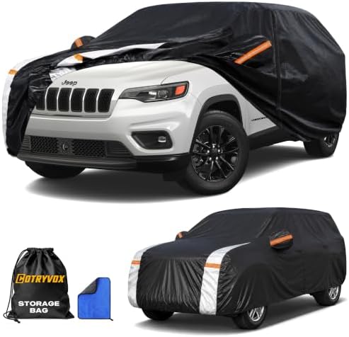 Multi-Layer Car Cover Custom Fit for Jeep Cherokee(2013-2026), 100% Waterproof All Weather for Automobiles, Gift with Towel, Heavy Duty Car Covers for Rain Sun UV Protection with Door Zipper