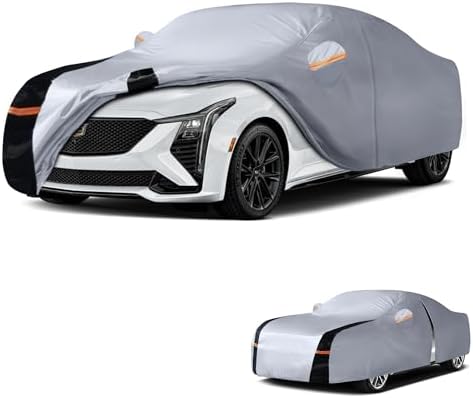 Multi-Layer Car Cover Custom Fit for Cadillac CT5(2019-2026), 100% Waterproof All Weather for Automobiles, Gift with Towel, Heavy Duty Car Covers for Rain Sun UV Protection with Door Zipper