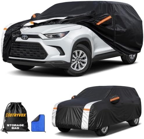 Multi-Layer Car Cover Custom Fit for Toyota Grand Highlander(2013-2026), 100% Waterproof All Weather for Automobiles, Gift with Towel, Heavy Duty Car Covers for Rain Sun UV Protection With Door Zipper