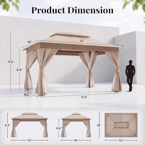 LAUSAINT HOME 10x13 Gazebo with Lights, Netting, Curtains & Double Roof