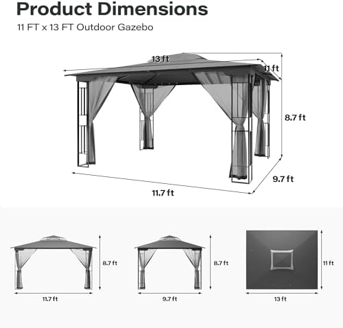 LAUSAINT HOME 13x11 Gazebo Canopy with Netting & Double Roof